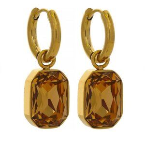 Rectangular Cubic Zirconia Champagne Hoop Earrings Gold PVD Stainless Steel